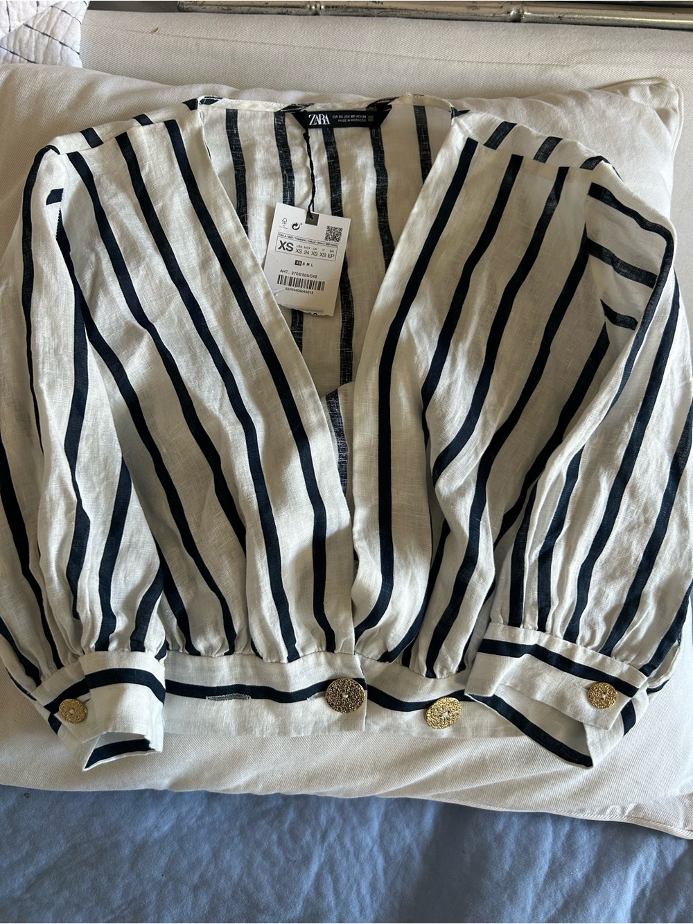 Zara White linen short jacket Top with Black Vertical Stripes & Gold Buttons